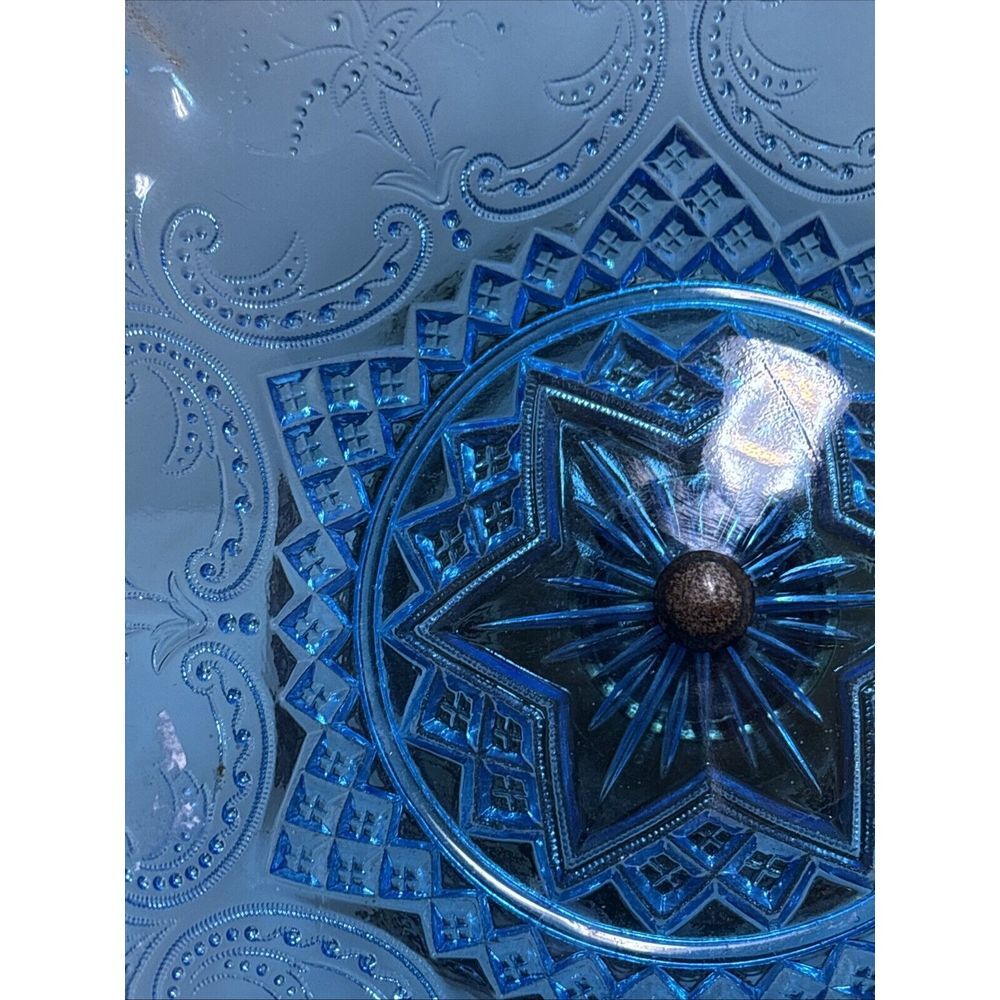 Blue Crimped Ruffled Candy Dish Compote Art Glass 6 Star Paisley Pattern - Picture 6 of 12